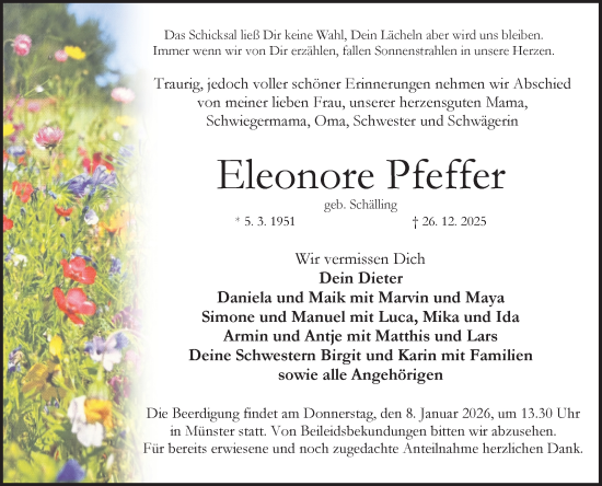 Traueranzeige von Eleonore Pfeffer von Fränkische Nachrichten