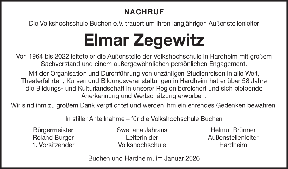  Traueranzeige für Elmar Zegewitz vom 16.01.2026 aus Fränkische Nachrichten
