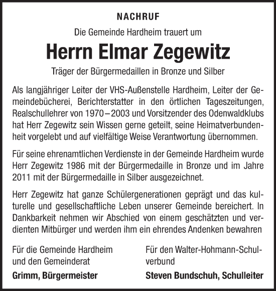 Traueranzeige von Elmar Zegewitz von Fränkische Nachrichten