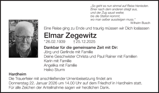 Traueranzeige von Elmar Zegewitz von Fränkische Nachrichten
