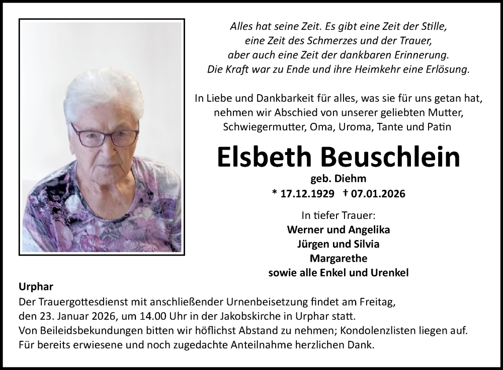  Traueranzeige für Elsbeth Beuschlein vom 17.01.2026 aus Fränkische Nachrichten
