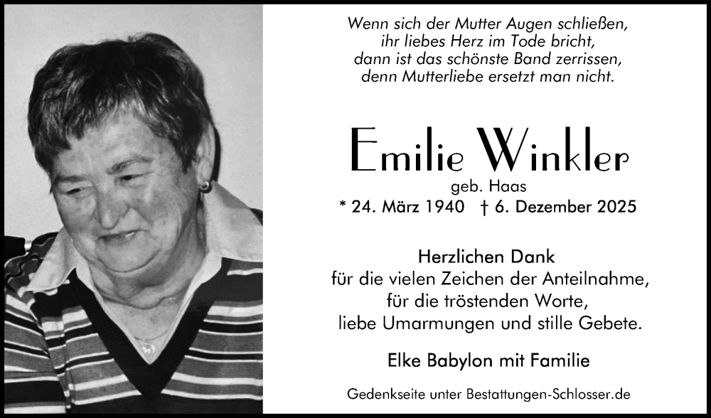  Traueranzeige für Emilie Winkler vom 17.01.2026 aus Mannheimer Morgen