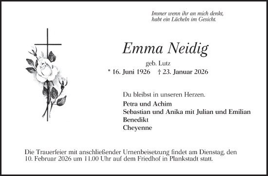 Traueranzeige von Emma Neidig von Schwetzinger Zeitung