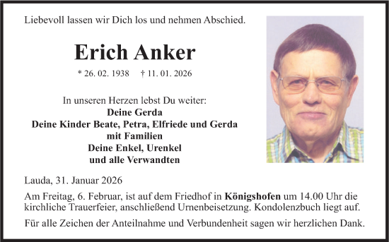 Traueranzeige von Erich Anker von Fränkische Nachrichten
