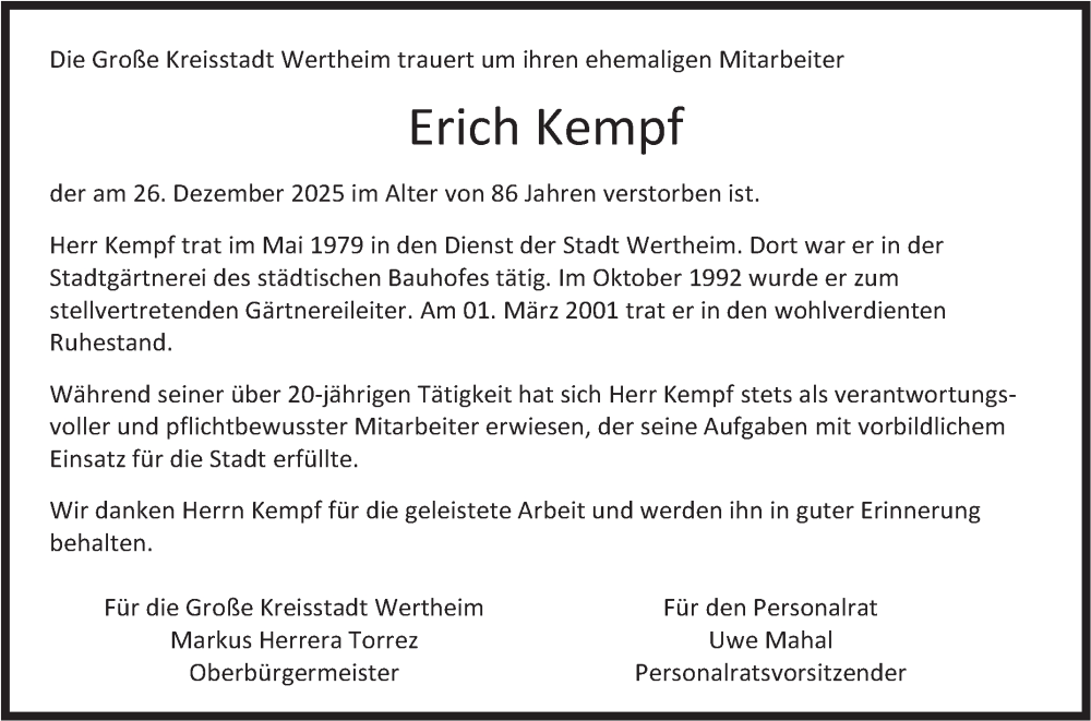  Traueranzeige für Erich Kempf vom 03.01.2026 aus Fränkische Nachrichten