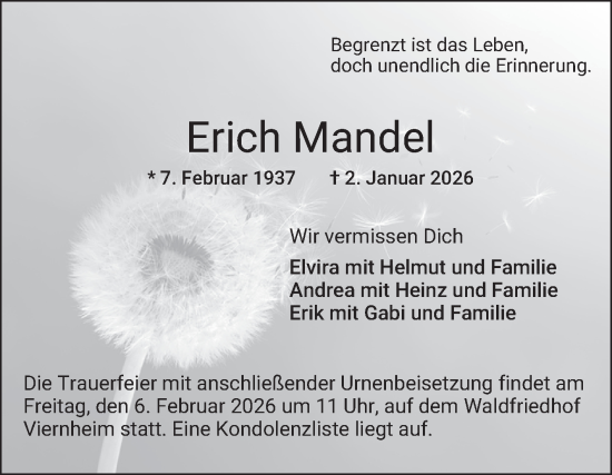 Traueranzeige von Erich Mandel von Mannheimer Morgen