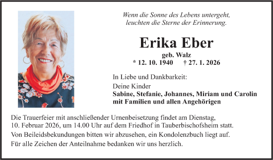 Traueranzeige von Erika Eber von Fränkische Nachrichten