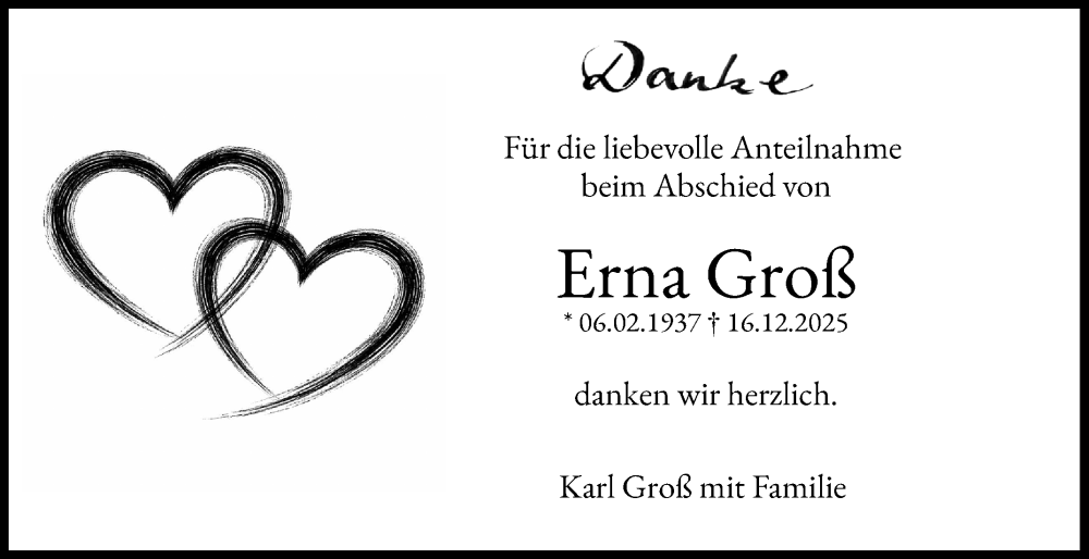  Traueranzeige für Erna Groß vom 31.01.2026 aus Mannheimer Morgen