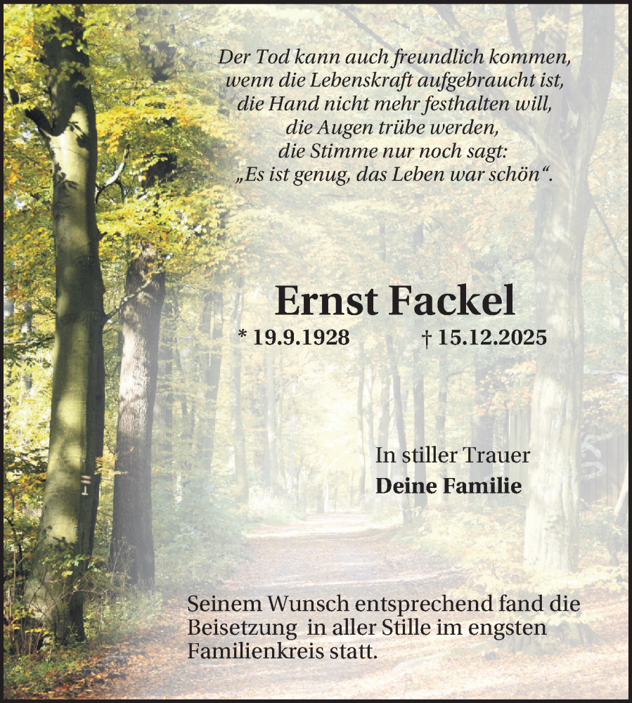  Traueranzeige für Ernst Fackel vom 03.01.2026 aus Schwetzinger Zeitung