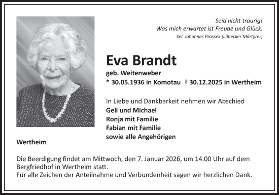 Traueranzeige von Eva Brandt von Fränkische Nachrichten