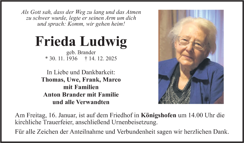  Traueranzeige für Frieda Ludwig vom 10.01.2026 aus Fränkische Nachrichten