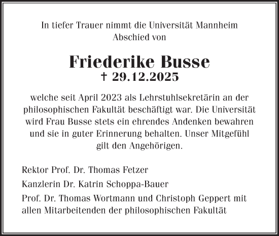 Traueranzeige von Friederike Busse von Mannheimer Morgen