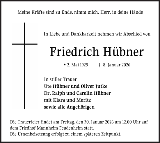 Traueranzeige von Friedrich Hübner von Mannheimer Morgen