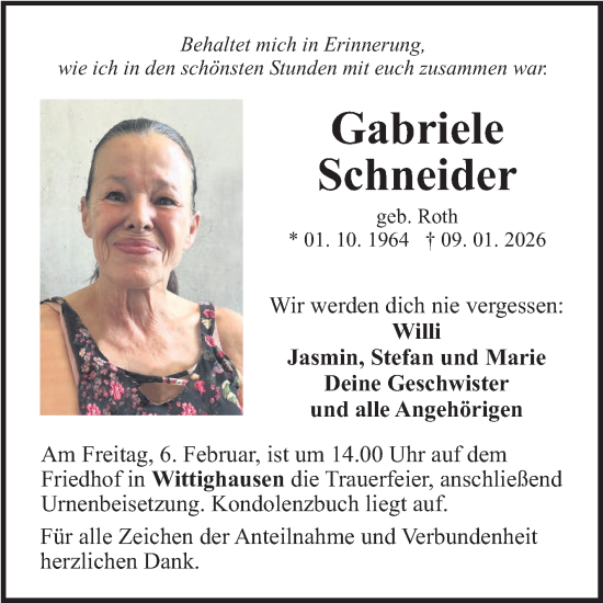 Traueranzeige von Gabriele Schneider von Fränkische Nachrichten