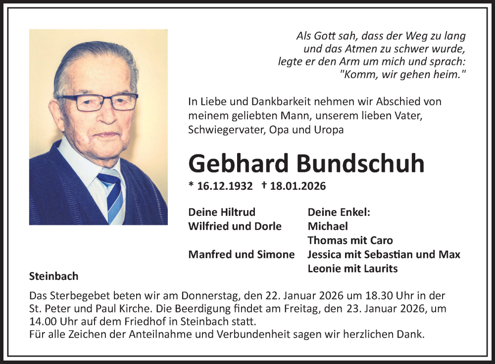  Traueranzeige für Gebhard Bundschuh vom 21.01.2026 aus Fränkische Nachrichten