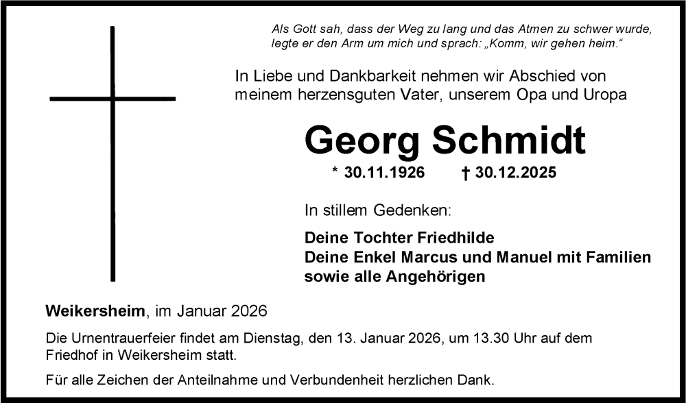  Traueranzeige für Georg Schmidt vom 09.01.2026 aus Fränkische Nachrichten