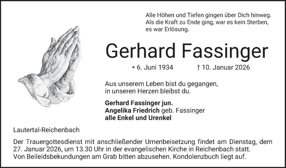  Traueranzeige für Gerhard Fassinger vom 24.01.2026 aus Bergsträßer Anzeiger