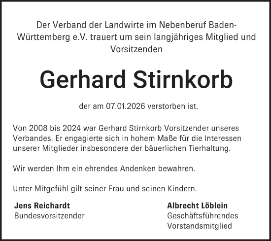 Traueranzeige von Gerhard Stirnkorb von Fränkische Nachrichten