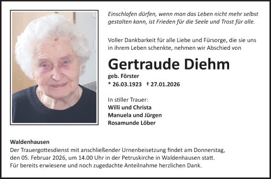 Traueranzeige von Gertraude Diehm von Fränkische Nachrichten