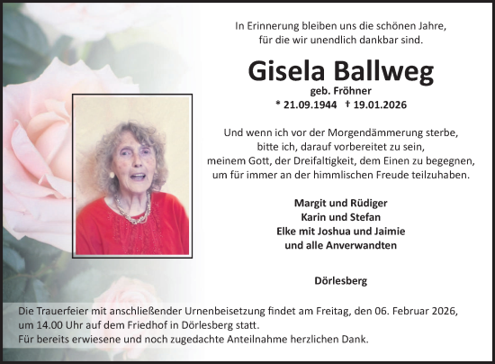 Traueranzeige von Gisela Ballweg von Fränkische Nachrichten