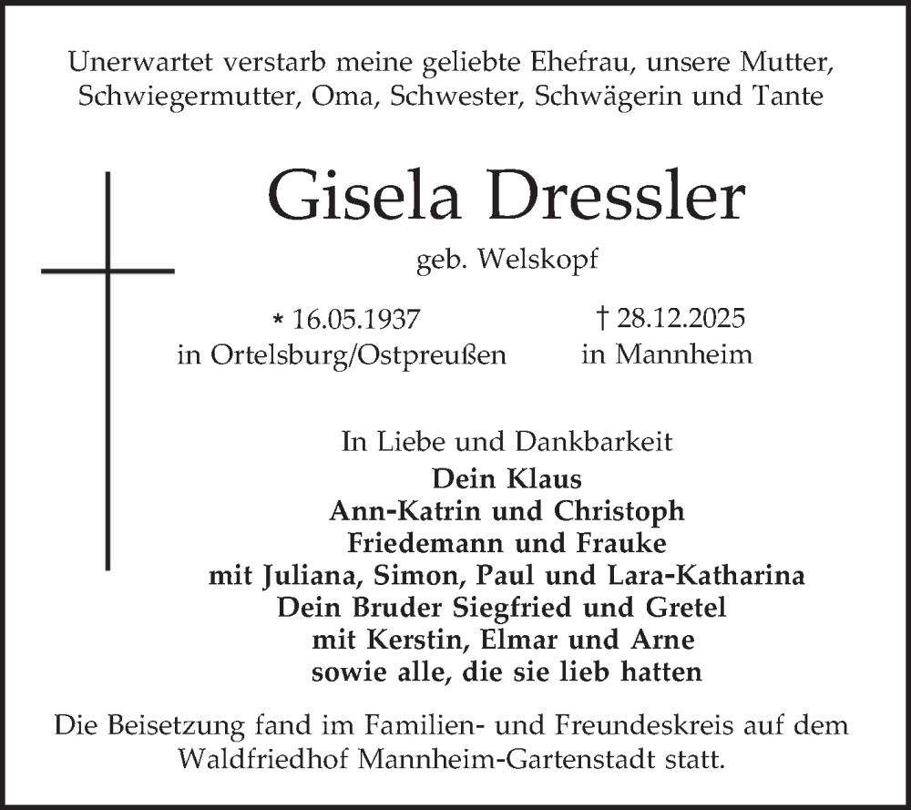  Traueranzeige für Gisela Dressler vom 31.01.2026 aus Mannheimer Morgen