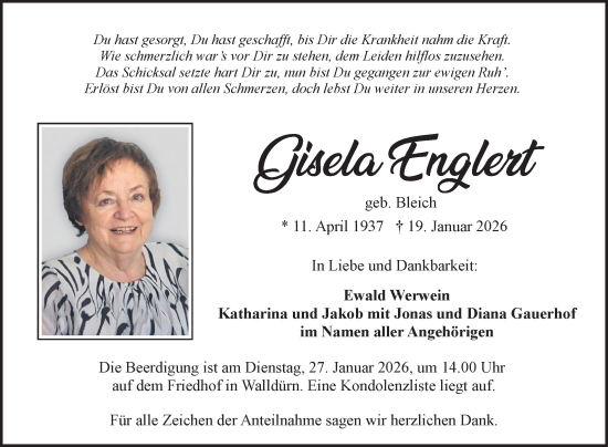 Traueranzeige von Gisela Englert von Fränkische Nachrichten