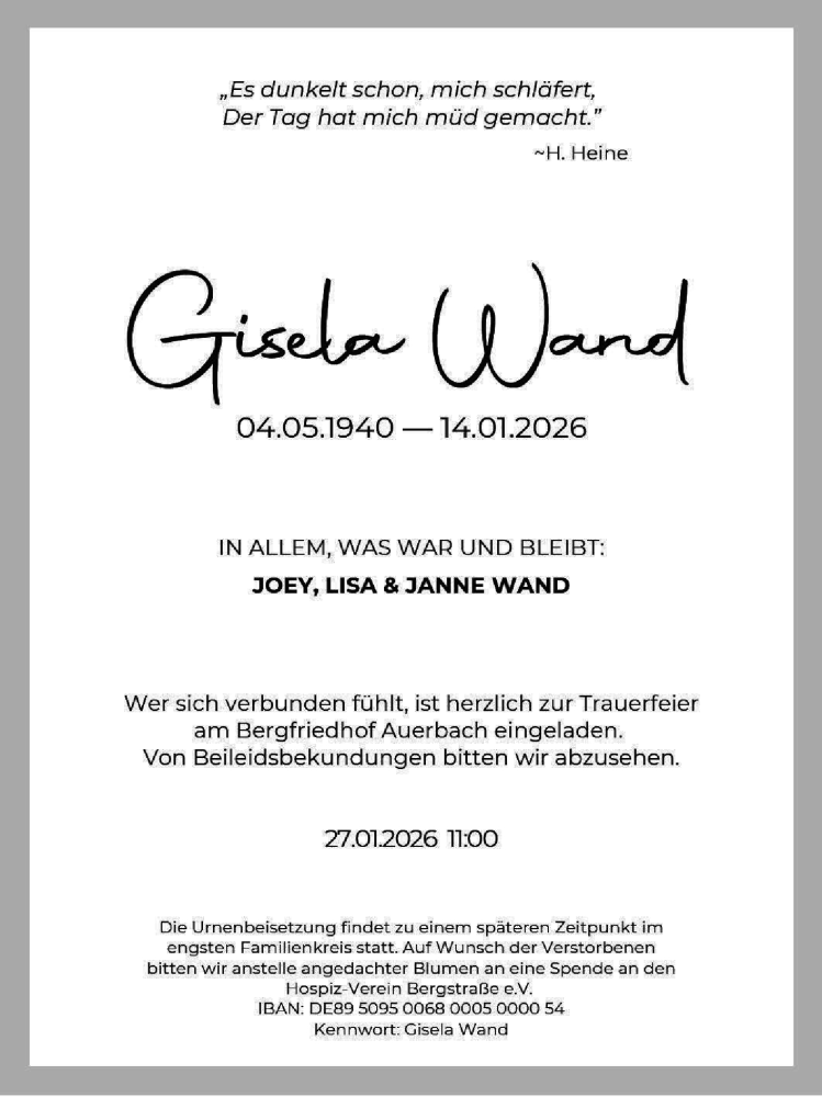  Traueranzeige für Gisela Wand vom 17.01.2026 aus Bergsträßer Anzeiger