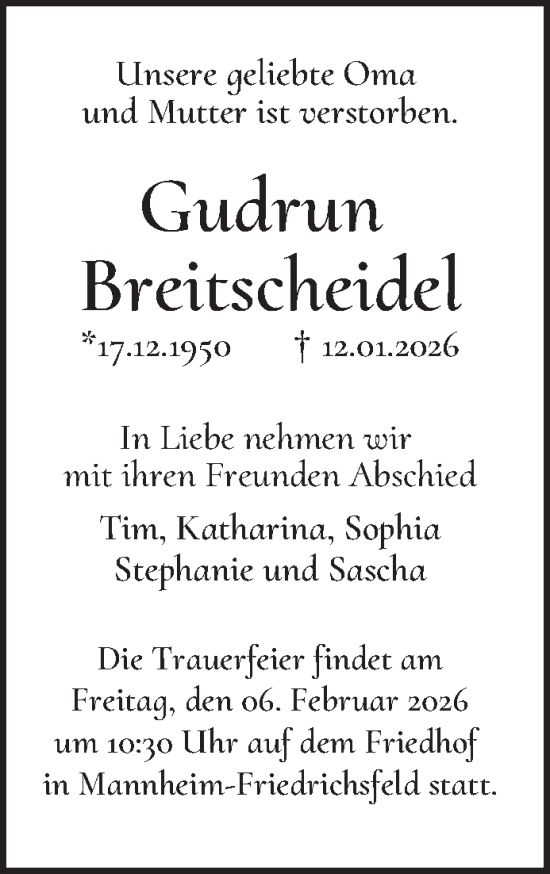 Traueranzeige von Gudrun Breitscheidel von Mannheimer Morgen