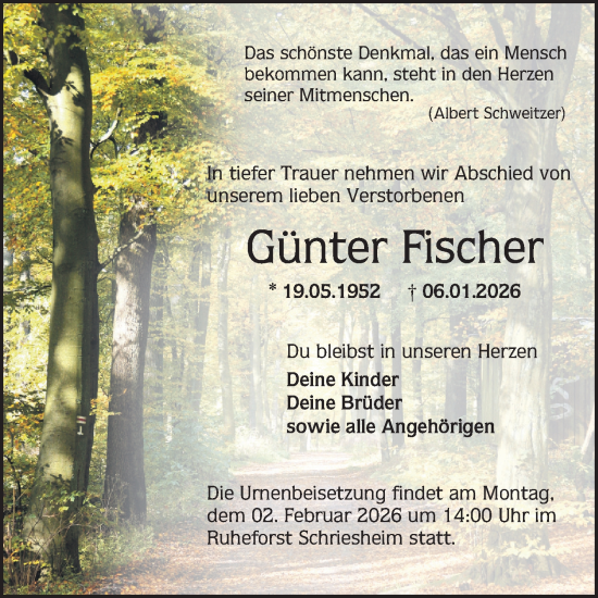 Traueranzeige von Günter Fischer von Mannheimer Morgen