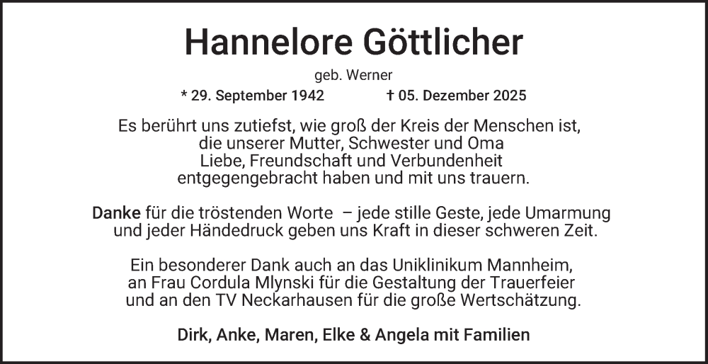  Traueranzeige für Hannelore Göttlicher vom 10.01.2026 aus Mannheimer Morgen