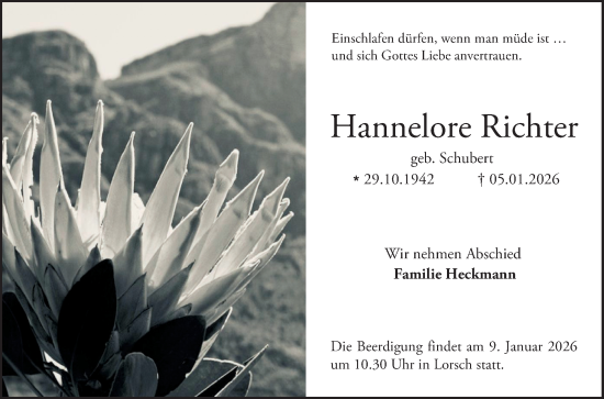 Traueranzeige von Hannelore Richter von Bergsträßer Anzeiger