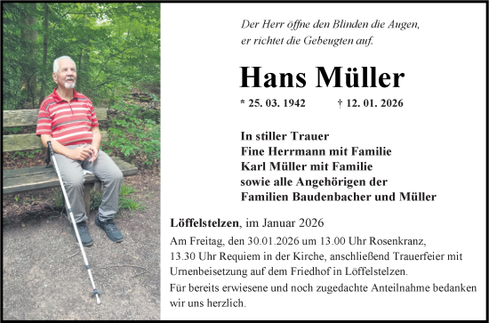 Traueranzeige von Hans Müller von Fränkische Nachrichten