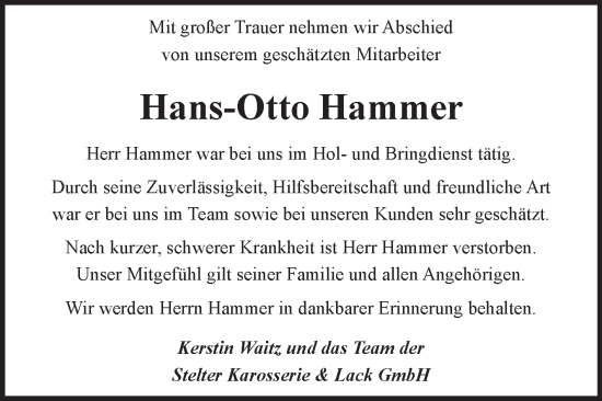 Traueranzeige von Hans-Otto Hammer von Fränkische Nachrichten