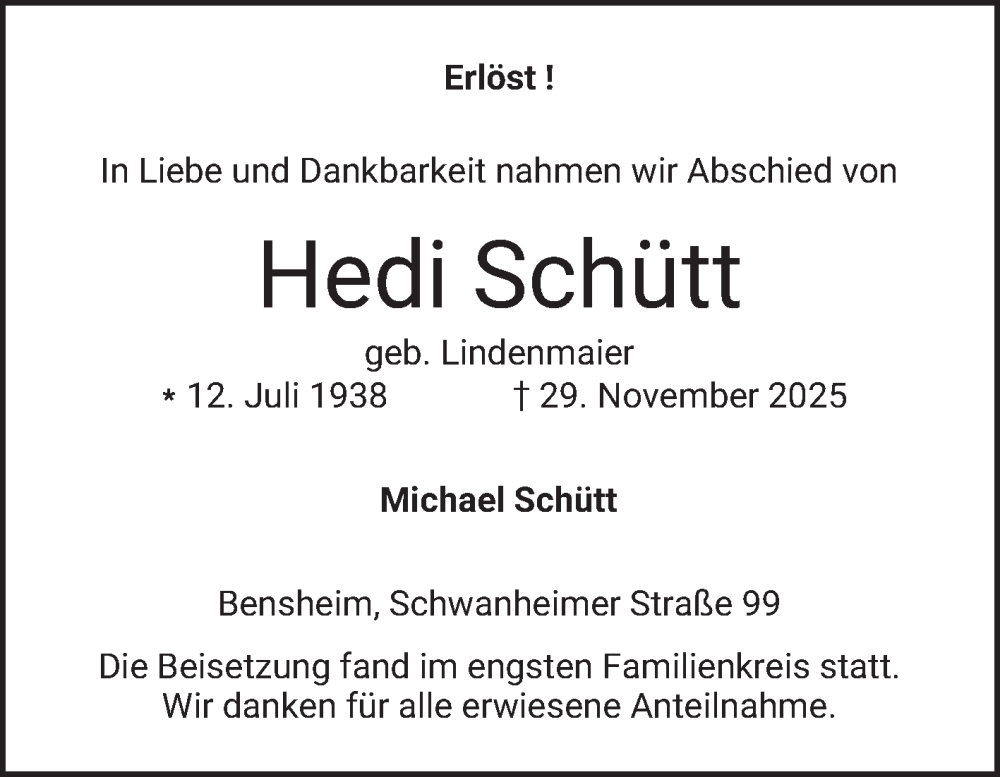  Traueranzeige für Hedi Schütt vom 17.01.2026 aus Bergsträßer Anzeiger