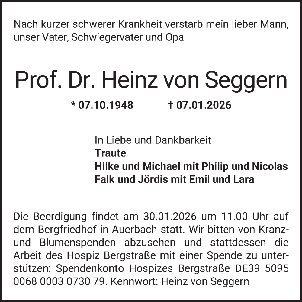  Traueranzeige für Heinz von Seggern vom 24.01.2026 aus Bergsträßer Anzeiger