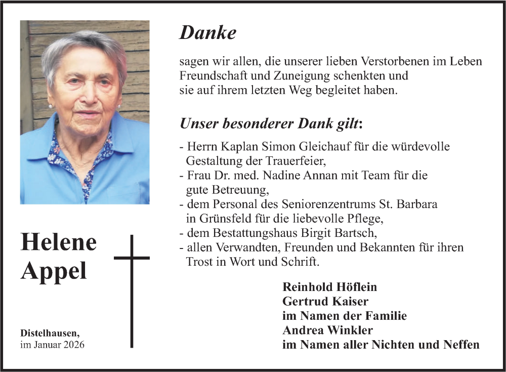  Traueranzeige für Helene Appel vom 03.01.2026 aus Fränkische Nachrichten