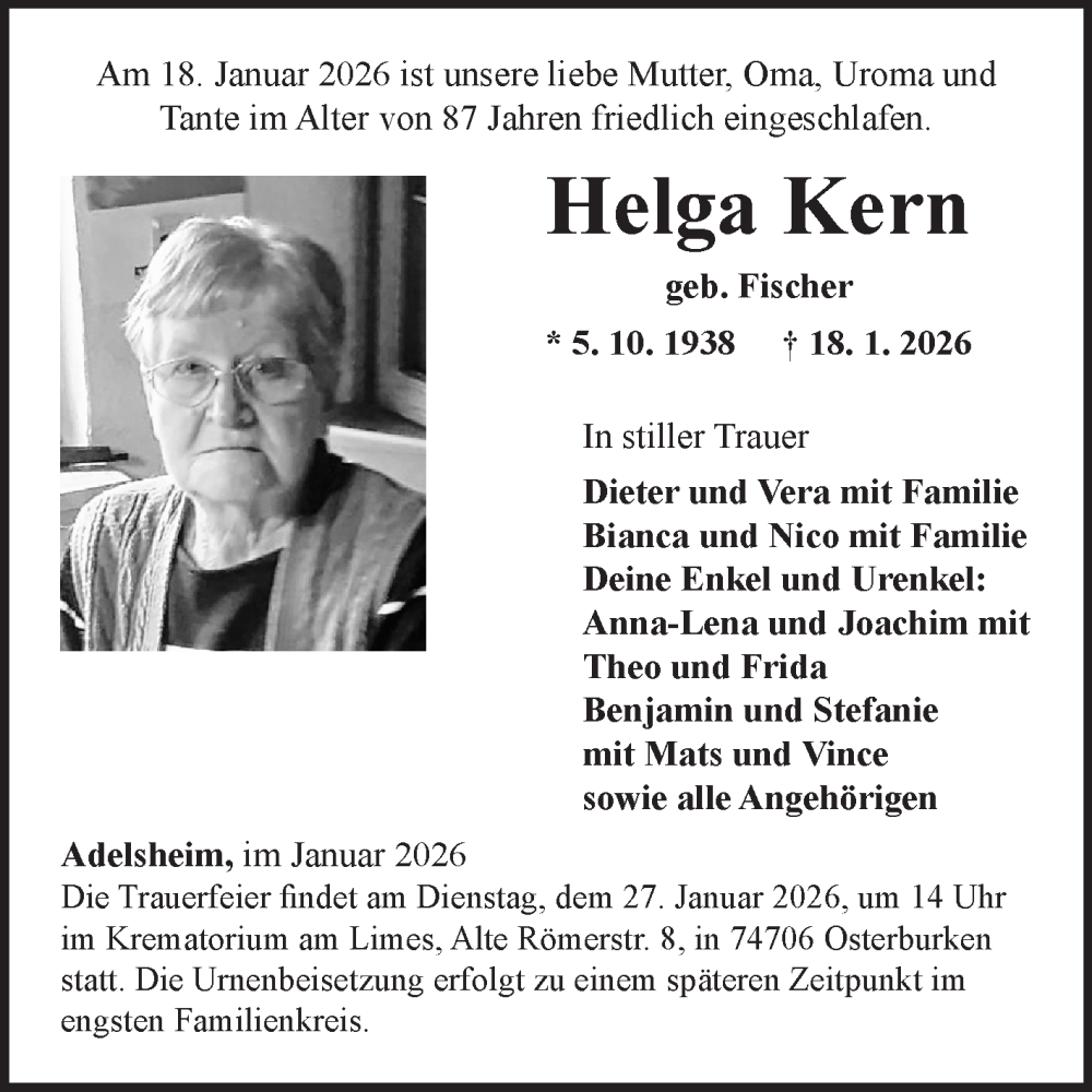 Traueranzeige für Helga Kern vom 24.01.2026 aus Fränkische Nachrichten