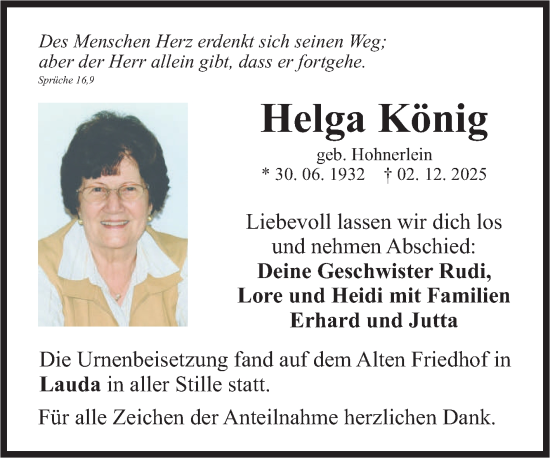 Traueranzeige von Helga König von Fränkische Nachrichten