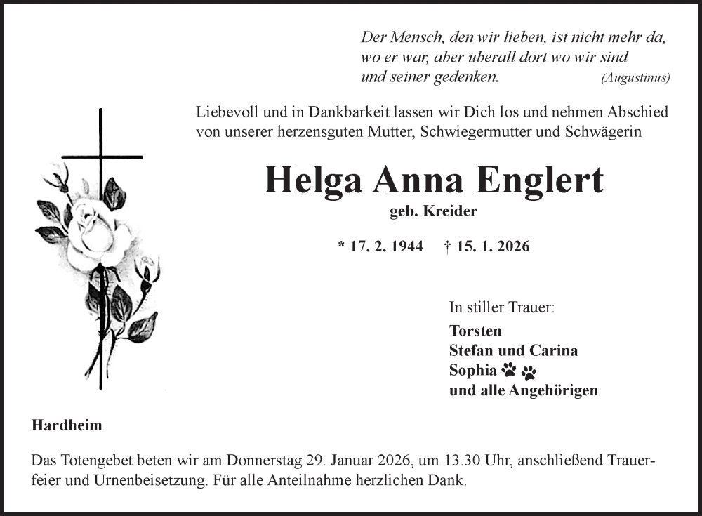  Traueranzeige für Helga Anna Englert vom 23.01.2026 aus Fränkische Nachrichten