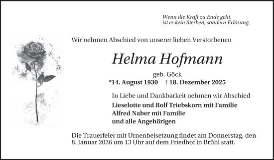Traueranzeige von Helma Hofmann von Mannheimer Morgen