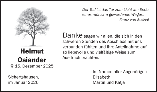 Traueranzeige von Helmut Osiander von Fränkische Nachrichten