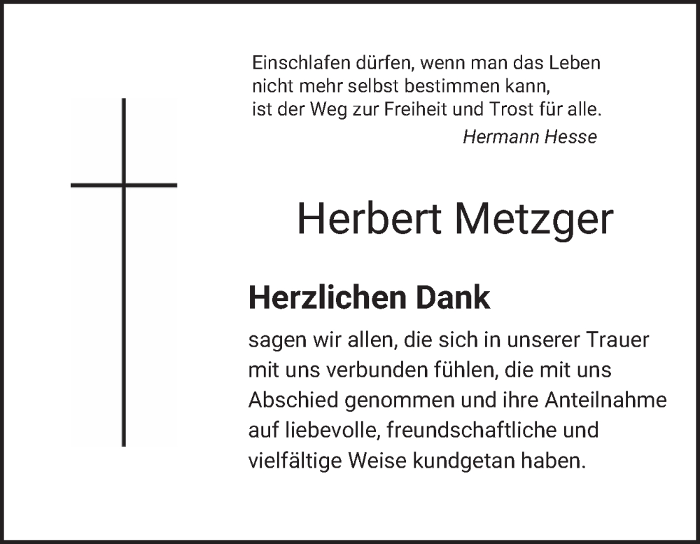  Traueranzeige für Herbert Metzger vom 31.01.2026 aus Schwetzinger Zeitung