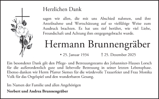 Traueranzeige von Hermann Brunnengräber von Bergsträßer Anzeiger