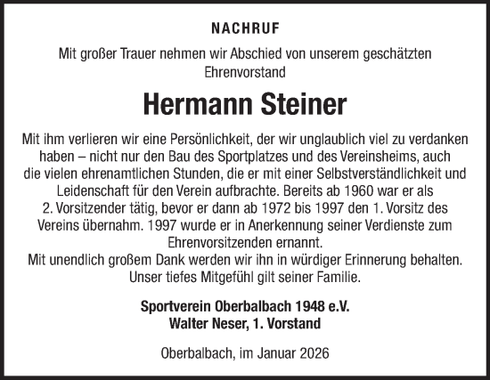Traueranzeige von Hermann Steiner von Fränkische Nachrichten