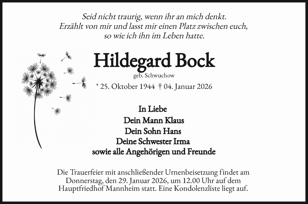  Traueranzeige für Hildegard Bock vom 17.01.2026 aus Mannheimer Morgen