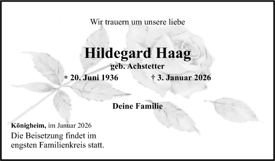 Traueranzeige von Hildegard Haag von Fränkische Nachrichten