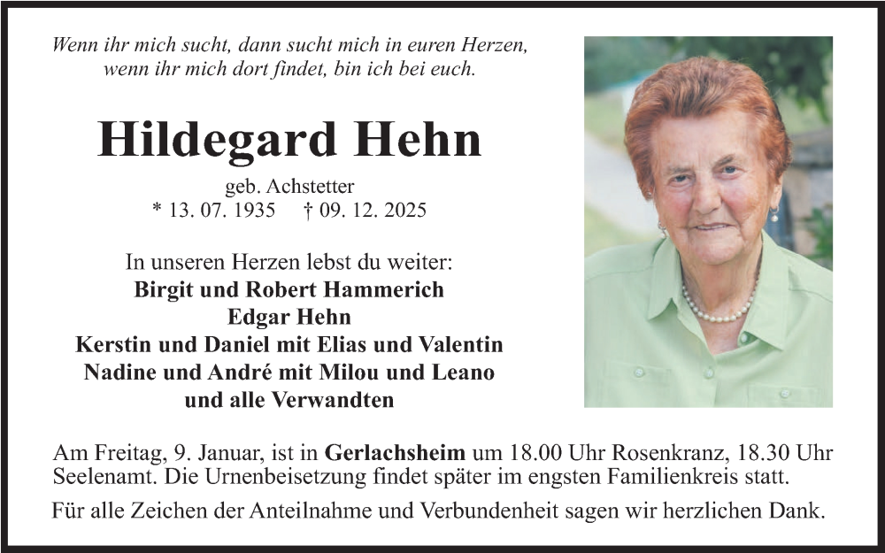  Traueranzeige für Hildegard Hehn vom 02.01.2026 aus Fränkische Nachrichten
