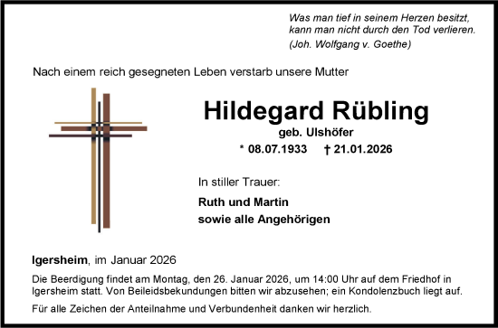 Traueranzeige von Hildegard Rübling von Fränkische Nachrichten