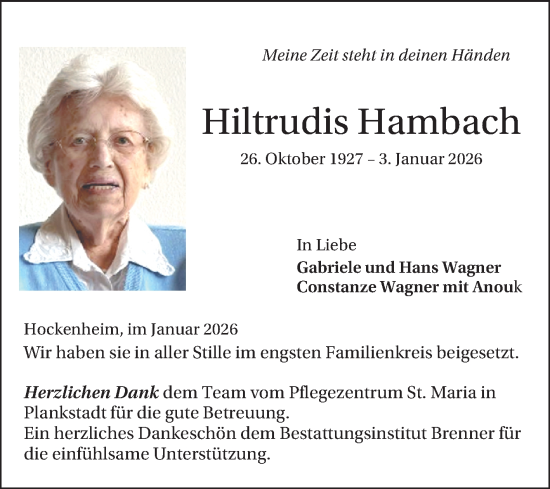 Traueranzeige von Hiltrudis Hambach von Schwetzinger Zeitung
