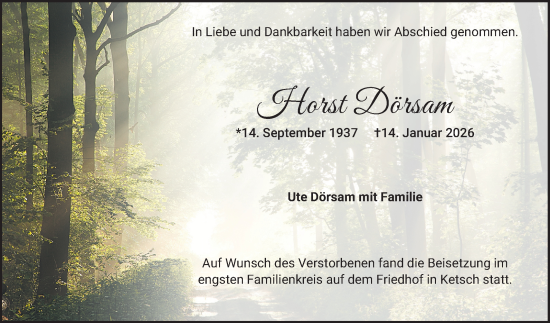 Traueranzeige von Horst Dörsam von Schwetzinger Zeitung